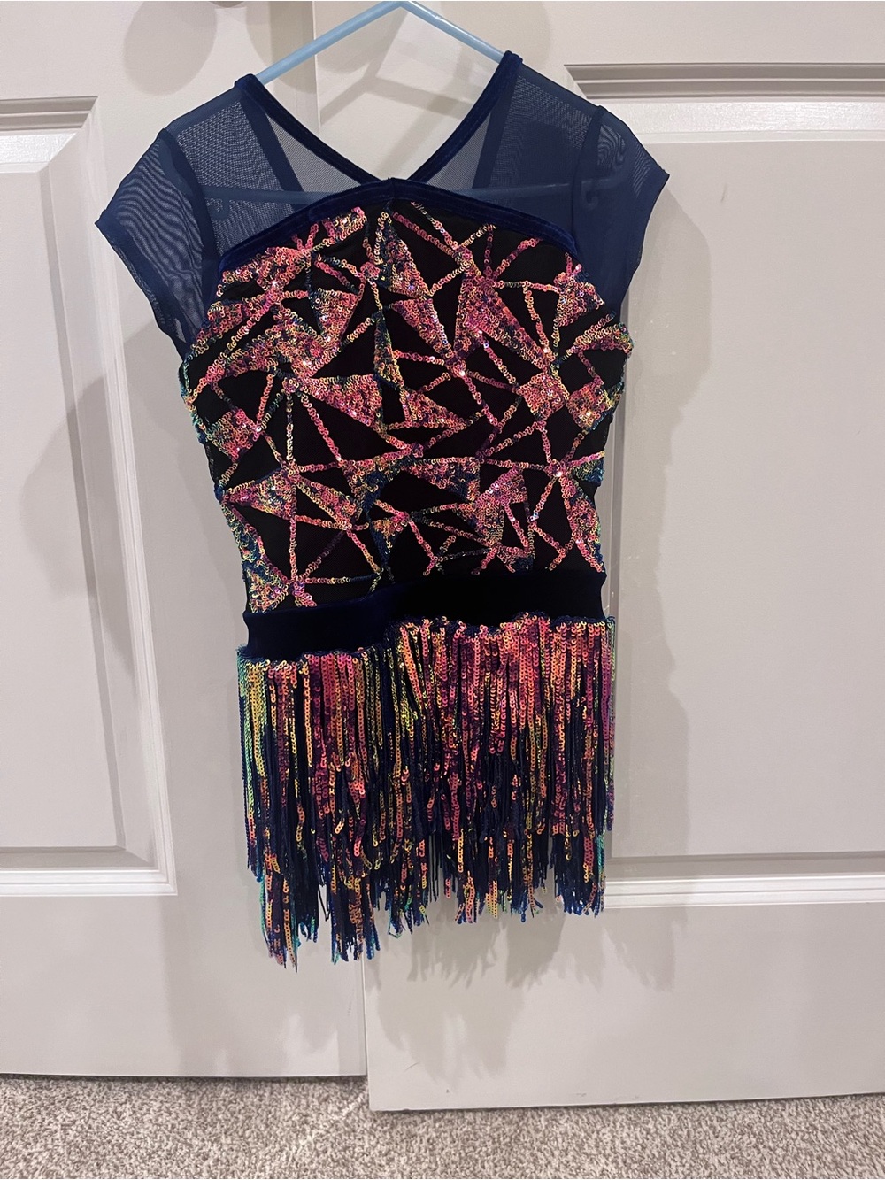 Weissman Navy Fringe Dress with Multicolor Sequins